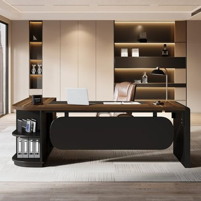 Tribesigns 81-Inch L-Shaped Office Desk, Large Commercial Office Desk with Drawers and File Cabinet, Modern Professional Business Furniture Workstations with Storage Shelves, Brown & Black - color: Brown & Black
