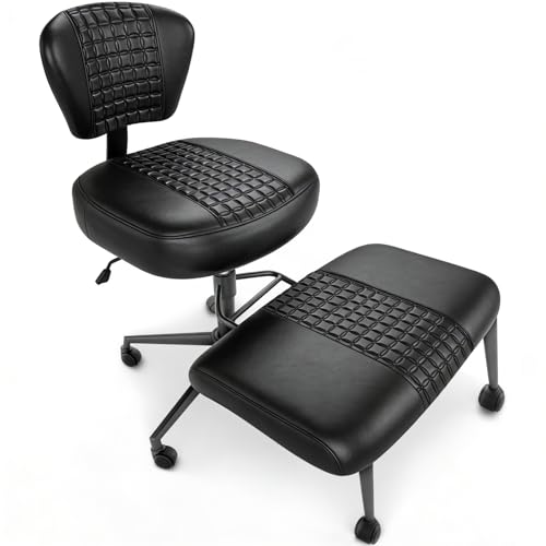 Ergonomic Cross Legged Office Chair with Footrest, 360° Swivel Height Adjustable PU Criss Cross Chair, Wide Seat & Back Support for Home Office, ADHD, Black - color: Black