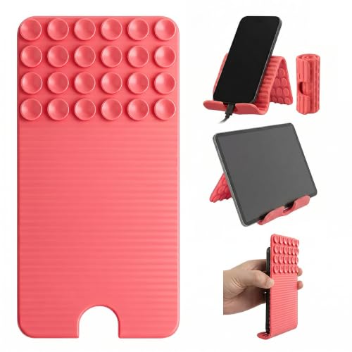 Flexible Silicone Aluminum Phone Holder Tablet Stand with Charging Port Design, Foldable Airplane Laptop/Phone Stand for Home Office Travel (Pink - with Suction) - color: Pink - with Suction