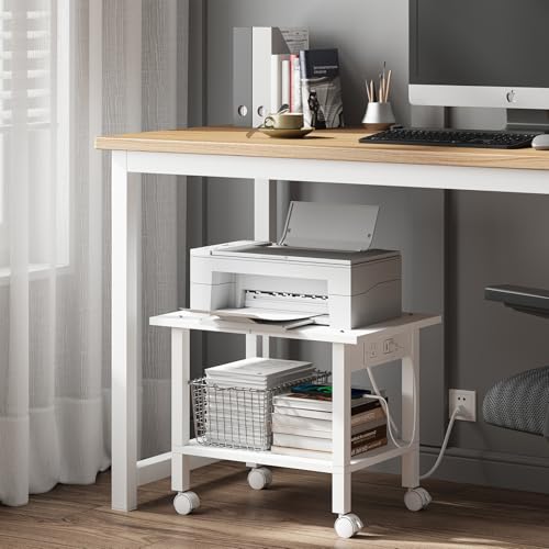 TUTOTAK Printer Stand, 2 Tier Rolling Printer Cart with Charging Station - color: White, size: 2 tier(18.9 x 13.4 x 15.4inchs)