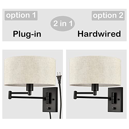 SAMTEEN Plug in Wall Sconce Swing Arm Wall Lamp with Linen Drum Shade | Modern Farmhouse Black Sconces Lighting with ON/OFF Switch Plug Cord, Beige Fabric Shade Wall Lamps for Bedroom Living Room