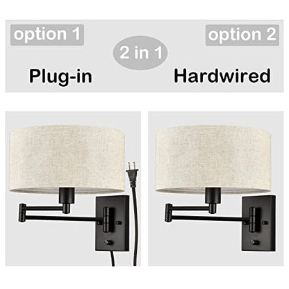 SAMTEEN Plug in Wall Sconce Swing Arm Wall Lamp with Linen Drum Shade | Modern Farmhouse Black Sconces Lighting with ON/OFF Switch Plug Cord, Beige Fabric Shade Wall Lamps for Bedroom Living Room