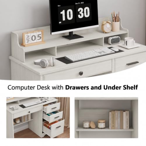 4 EVER WINNER Small Desk with Drawers for Small Spaces, 44'' Computer Desk with File Cabinet & Monitor Stand, Wood Writing Desk for Bedroom, Living Room, Off White - color: Off White