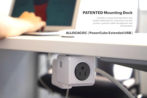 Power Strip Allocacoc PowerCube Extended 4 Outlets 2 USB 10ft 14AWG Cable, 15A 125V 1875W Max Extenion Surge Protector, Mounting Dock, No Blockage Phone Laptop Travel Dorm Home Office Space Saving ETL