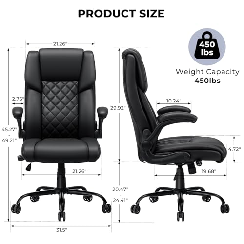 Big and Tall Office Chair 450lbs Heavy Duty Ergonomic Executive Desk Chair with Adjustable Lumbar Support High Back Home Computer Leather Chair with Padded Flip-up Arms for Heavy People Black - color: Black