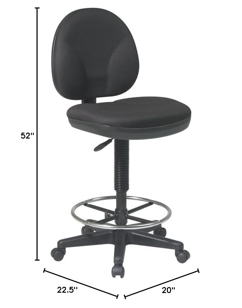 Pemberly Row Drafting Chair, Black Fabric Seat and Back, Adjustable Foot Ring, Contoured Lumbar Back Support, Pneumatic Height Adjustment, Heavy Duty Nylon Base, Dual Carpet Casters, 20"W x 22.5"D x