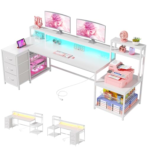EnHomee71 White L Shaped Desk with Drawers,Printer Shelf for Home Office | 3 Fabric Drawers, Printer Stand & Shelves; Organize Office and Study Supplies for Tidy Bedroom & Study Space,White - color: White