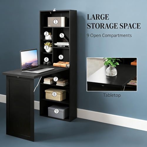 Folding Wall Mounted Murphy Desk with Storage & Bookcase(Black) | Expandable Hidden Computer Desk with Blackboard, Foldable Space Saving Office Table Pull Out Murphy Table for Small Spaces - color: Black