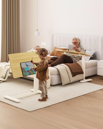 FLEXISPOT H7 PRO 90° Tiltable Mobile Overbed Table with Pneumatic Lift,32'' | Full foldable bedside table with adjustable desktop for laptop, Rolling Computer Cart and bed sofa.31.5" W x 17.7" D,Maple - color: Maple, size: 32x18