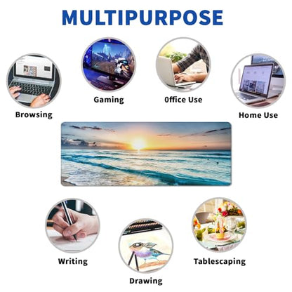 Sunrise Beach Mouse Pad Abstract Sea Mouse Pad 31.5x11.8 Inch Japanese Texture Non-Slip Rubber Base Large Mousepad Stitched Edges Keyboard Mouse Mat Desk Pad for Office and Home - color: Sunrise Beach