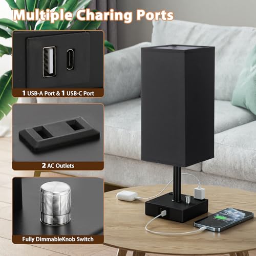 Black Bedside Table Lamps Set of 2 - Dimmable, USB C+A, 2 AC Outlets | Stepless Dimmable by Rotary Knob, 3000K LED Bulbs Included, Square Black Linen Shade, Nightstand Lamp for Living Room, Desk - color: Black