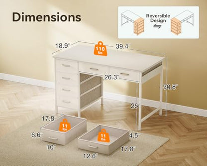 ODK 40 Inch White Computer Desk with 6 Drawers - color: White, size: 40 Inch
