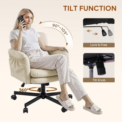 Bestier Criss Cross Chair with Flip-Up Arms, Comfy Wide Vanity Chair - color: Beige Pu Leather, size: Low Back