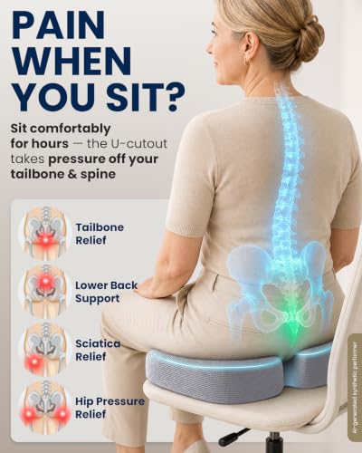 5 STARS UNITED Seat Cushion - Memory Foam Chair Cushion for Tailbone Pain Relief - Ergonomic Support for Coccyx, Sciatica & Butt - Office, Desk & Gaming Chair, Car Seat, Wheelchair, Airplane, L Gray - color: Light Gray, size: X-Large