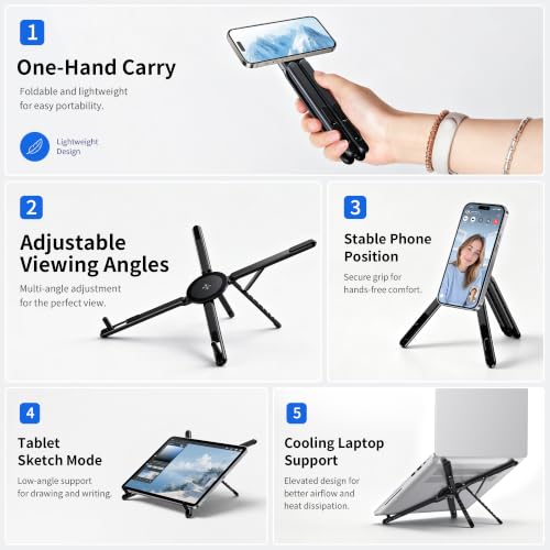Portable Laptop Stand, 3-in-1 Magnetic Foldable Adjustable, for Desk（Black） | Aluminum alloy, lightweight compact, 8-level height, ergonomic, for phone/tablet, home office/travel - color: E05S-Black