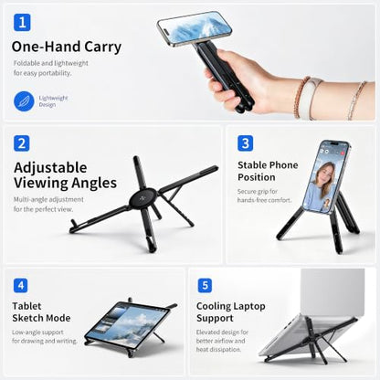 Portable Laptop Stand, 3-in-1 Magnetic Foldable Adjustable, for Desk（Black） | Aluminum alloy, lightweight compact, 8-level height, ergonomic, for phone/tablet, home office/travel - color: E05S-Black