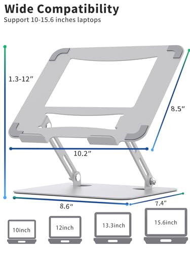 SOUNDANCE Laptop Stand for Desk with Stable Heavy Base, Adjustable Height Multi-Angle, Ergonomic Metal Riser Holder, Foldable Mount Elevator, Compatible with 10 to 15.6 Inches PC Computer, Silver - color: B-Sliver