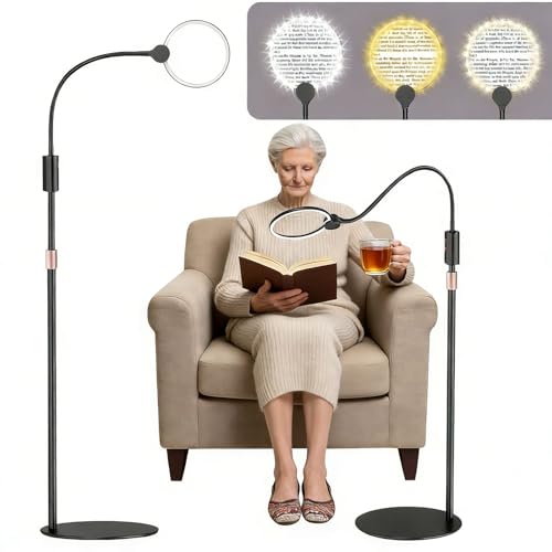 10X Floor Magnifying Glass with Light and Stand,360° Flexible Gooseneck Floor Magnifying Lamp,3 Light Modes,Height Adjustable,Hands Free Magnifier for Reading,Close Work,Craft,Sewing for Seniors
