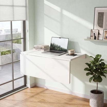 Tangkula 31.5" Wall Mounted Folding Desk, Drop-Leaf Floating Desk with Spacious Surface, Space-Saving Foldable Wall Table for Study, Bedroom, Laundry, Balcony & Small Spaces - color: White