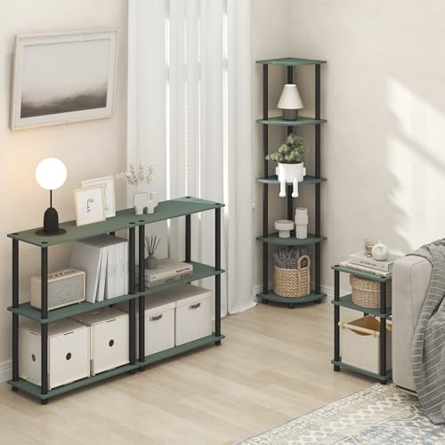Furinno JUST Side Table, 3-Tier End Table, Open Shelves Night Stand, Bedside Table, Toolless Assembly, for Living Room, Bedroom, Bathroom, Sage Green - color: Sage Green/Black, size: 3-Tier, Round Pole, style: 1-Pack