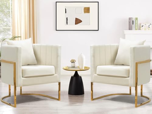 Velvet Accent Barrel Chairs Set of 2, Modern Arm Club Chair Set with Pillow for Living Room/Bedroom/Guest Reception, Channel Tufted, Gold Finish Base, White - color: Beige, size: 2 PCS