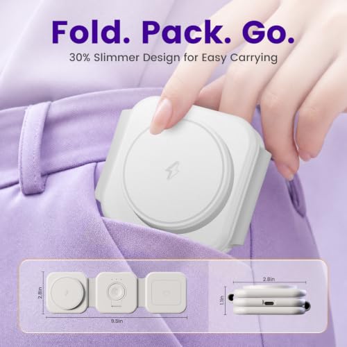 15W Magnetic Travel Charging Station, 3-in-1 Foldable MagSafe Charger - color: White