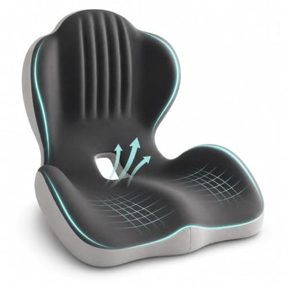 Saker Ergonomic Memory Foam Seat Cushion with Back Support, 2-in-1 Coccyx Cutout Chair Pad for Office, Car, Gaming Chair and Wheelchair, Contoured Lumbar Support for Long Sitting (Black)