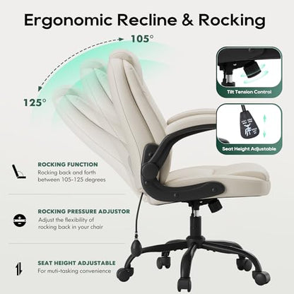 MALOL Leather Office Chair, Home Desk Chair with Flip-up Arms, Beige - color: Beige-new, size: Set of 1