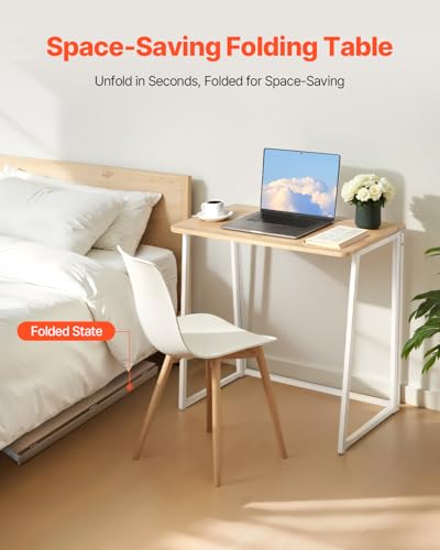 VEVOR Folding Desk, 31.5" Foldable Table for Small Spaces with Storage Hooks, Space Saving Computer Table, Writing Workstation for Home Office, Easy Assembly, Oak