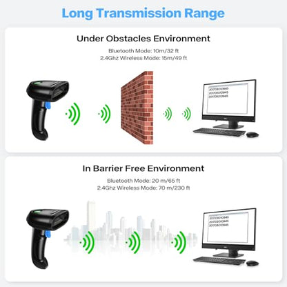 Bluetooth 1D 2D Barcode Scanner, 3-in-1 Bluetooth & 2.4G Wireless & USB QR Barcode Reader, PDF417 Data Matrix Handheld Bar Code Scanner Work with Windows, Android, iOS