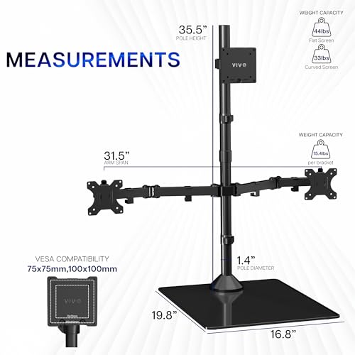 VIVO Triple Monitor Extra Tall Desk Stand for up to 49 inch Ultrawides on Center Bracket and 27 inch Screens on Side Brackets, Holds up to 44 lbs, Tempered Glass Base, Black, STAND-V103T-GB