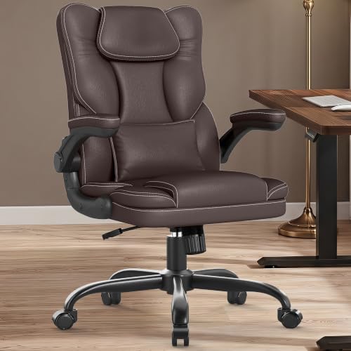 Executive Office Chair Flip Up Arms Lumbar Support Home Office Desk Chair - color: Coffee