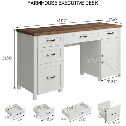 Vabches Farmhouse 61'' Executive Desk with 5 Drawers,Brown Top - color: Unique White, size: 61" W