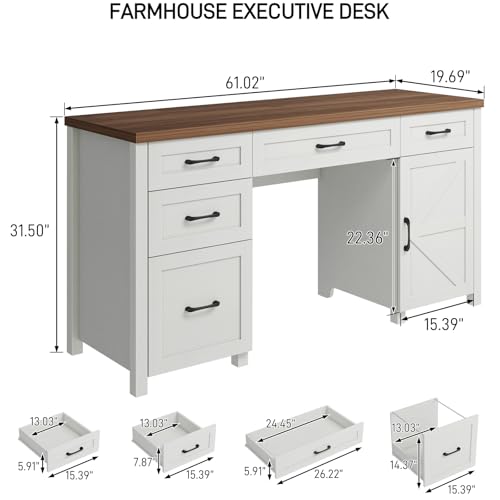 Halitaa Farmhouse 61'' Executive Desk with 5 Drawers,Unique White | Rustic Office Desk, File Drawers and Storage Cabinet, Wood Workstation for Study and Home Office - color: Unique White, size: 61''W with 5 Drawers