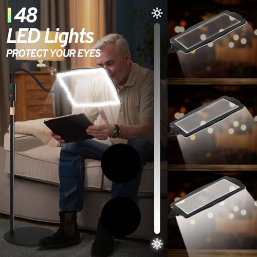 Hands-Free Floor Magnifying Glass with Light and Stand 48-LEDs Lighted Magnifying Lamp with 360° Flexible Gooseneck for Reading Close Work Repair Crafts | Lighted Magnifying Lamp with 360° Flexible Gooseneck for Reading Close Work Repair Crafts