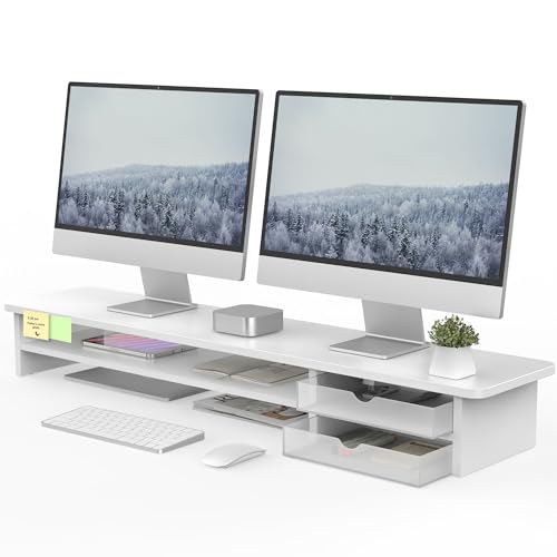 Fenge Monitor Stand, Dual Monitor Riser, 42.5inch Large Desk Computer Monitor Stand Riser with Drawer, 2 Tier Wood & Acrylic Desktop Organizer for Computer, Laptop, Printer, TV Screen Riser - color: White
