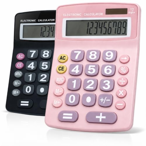 Lily's Home Jumbo 12-Digit Desktop Calculator Set of 2 (Black & Pink), Solar/Battery Dual Power, Large Tilted LCD Display, Big Button Design, Quiet Operation, for Office, School, Business & Home Use - color: Black&Pink