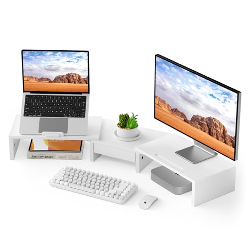 AFOOYO 43.3 Inch Dual Monitor Stand with Laptop Tray & Drawer, 5 Height & 4 Angle Adjustable Ergonomic Computer Riser, MDF Desk Shelf for MacBook Dell HP Lenovo 10-17.3" Laptops-White