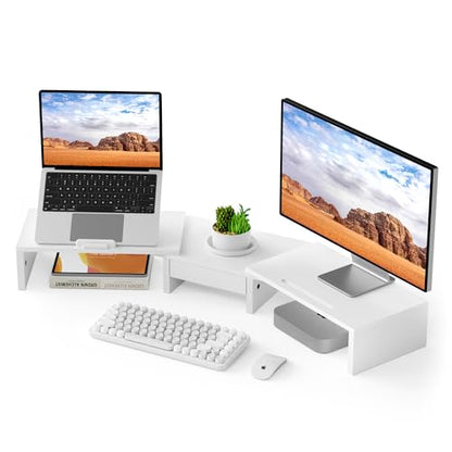 AFOOYO 43.3 Inch Dual Monitor Stand with Laptop Tray & Drawer, 5 Height & 4 Angle Adjustable Ergonomic Computer Riser, MDF Desk Shelf for MacBook Dell HP Lenovo 10-17.3" Laptops-White