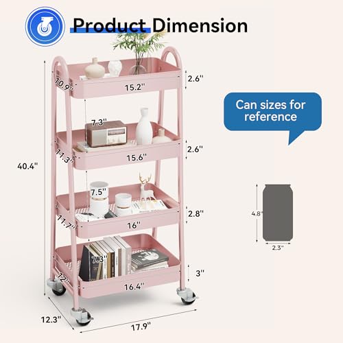 NEWBULIG 4-Tier Metal Rolling Storage Utility Cart with Lockable Wheels - color: Pink, size: 4 Tier