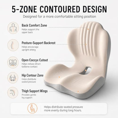Saker Ergonomic Memory Foam Seat Cushion with Back Support, 2-in-1 Coccyx Cutout Chair Pad for Office, Car, Gaming Chair and Wheelchair, Contoured Lumbar Support for Long Sitting (Black)