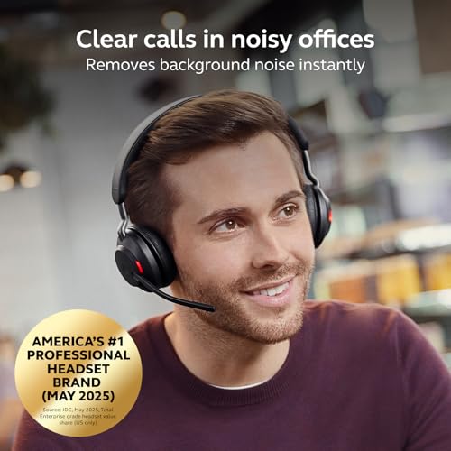 Jabra Evolve2 65 Bluetooth Wireless Headset with Mic for Calls and Music, Dual-Ear Headphones with USB-C Adapter, Up to 37 Hours Battery, Noise-Cancelling, Works with Online Meeting Apps, Black - size: USB-C Dongle, style: All Platforms