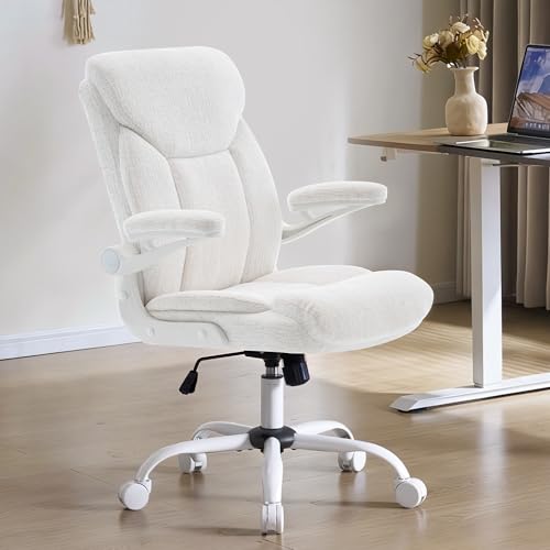 Ergonomic Home Office Chair Fabric Comfy Computer Chair, White | Flip-up Armrest, Height Adjustable, Lumbar Support, 360° Swivel Wheels Managerial Executive Chairs for Work Gaming Home Use - color: White