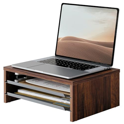 Fenge 14.3-Inch Monitor Stand with Slide-Out Trays, Wood & Metal Desk Shelf - color: Brown
