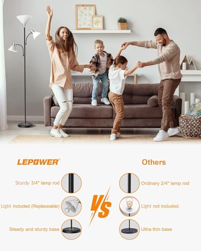 LEPOWER Floor Lamp, Bright Standing Lamp with Replaceable 3000K LED Lights - style: Floor Lamp (3 heads)