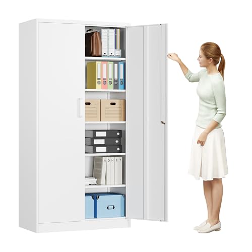 MIIIKO 72" White Metal 5-Shelf Cabinet with Locking Doors, 36" Wide Snap-Latch Steel Cabinet for Home Office, Pantry, School - color: White, style: 72"H-Handle