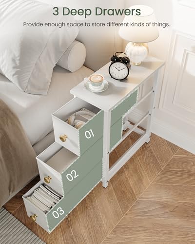 Narrow Side Table with 3 Fabric Drawers, Industrial Slim Bedside Table for Small Spaces, Bedroom, Living Room, Dormitory, White TBZ09WB - color: White