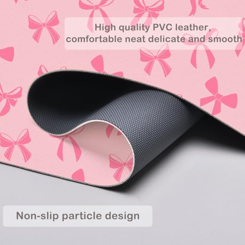 Cute Kawaii Pink Bow Extended Gaming Keyboard Mouse Pad | Non-slip Leather Home Office Desk Mat Protector - color: Pink Bow/Pink, size: L(31.5×15.7 inch)