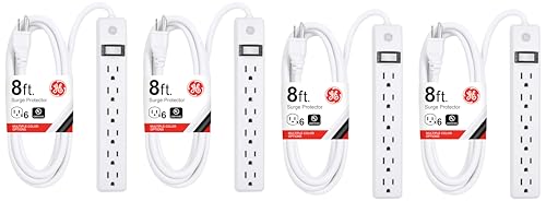 GE 6-Outlet Power Strip, 8 Ft Extension Cord, Heavy Duty Plug, Grounded, Integrated Circuit Breaker, 3-Prong, Wall Mount, UL Listed, White, 67122 (Pack of 4) - size: 8 Ft (Pack of 4)