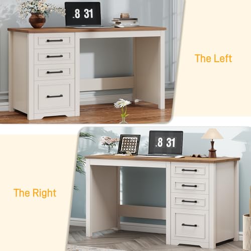 Vabches Farmhouse 49” Executive Desk with File Drawer, White Brown | 4 Drawers Reversible Computer Desk with Storage, Rustic Home Writing Workstation for Home Office - color: 49in White Brown